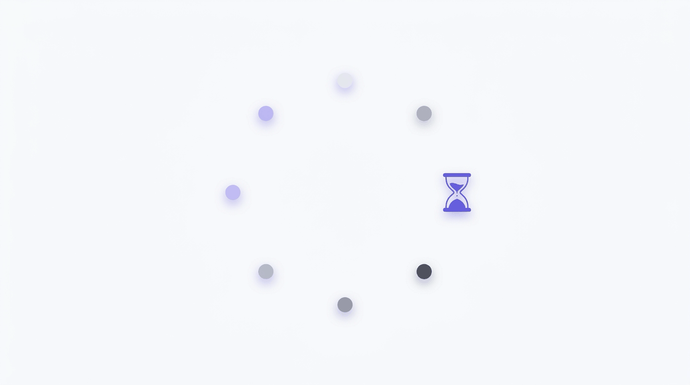 Illustration: small lavender and gray dots in a loose ring around an empty center, with a purple hourglass at the side.