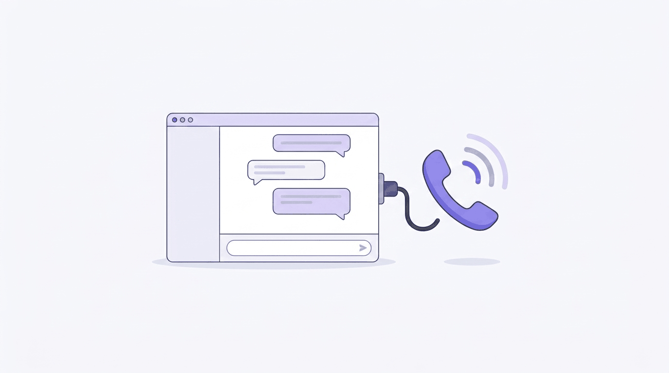 Illustration: a chat window with a cable plugging into its side, and a purple phone handset ringing beside it.