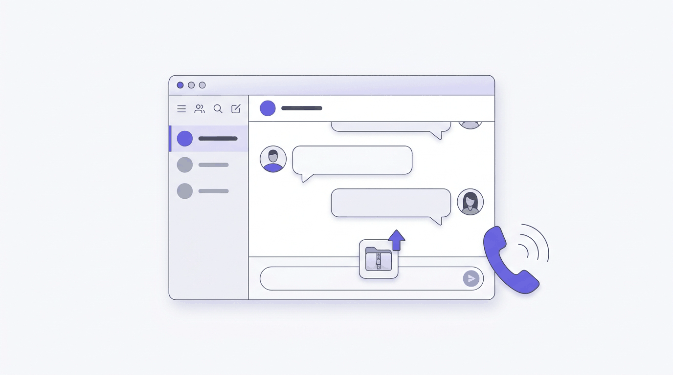 Illustration: a browser chat window with a zip folder being uploaded into it, and a purple phone handset beside it.