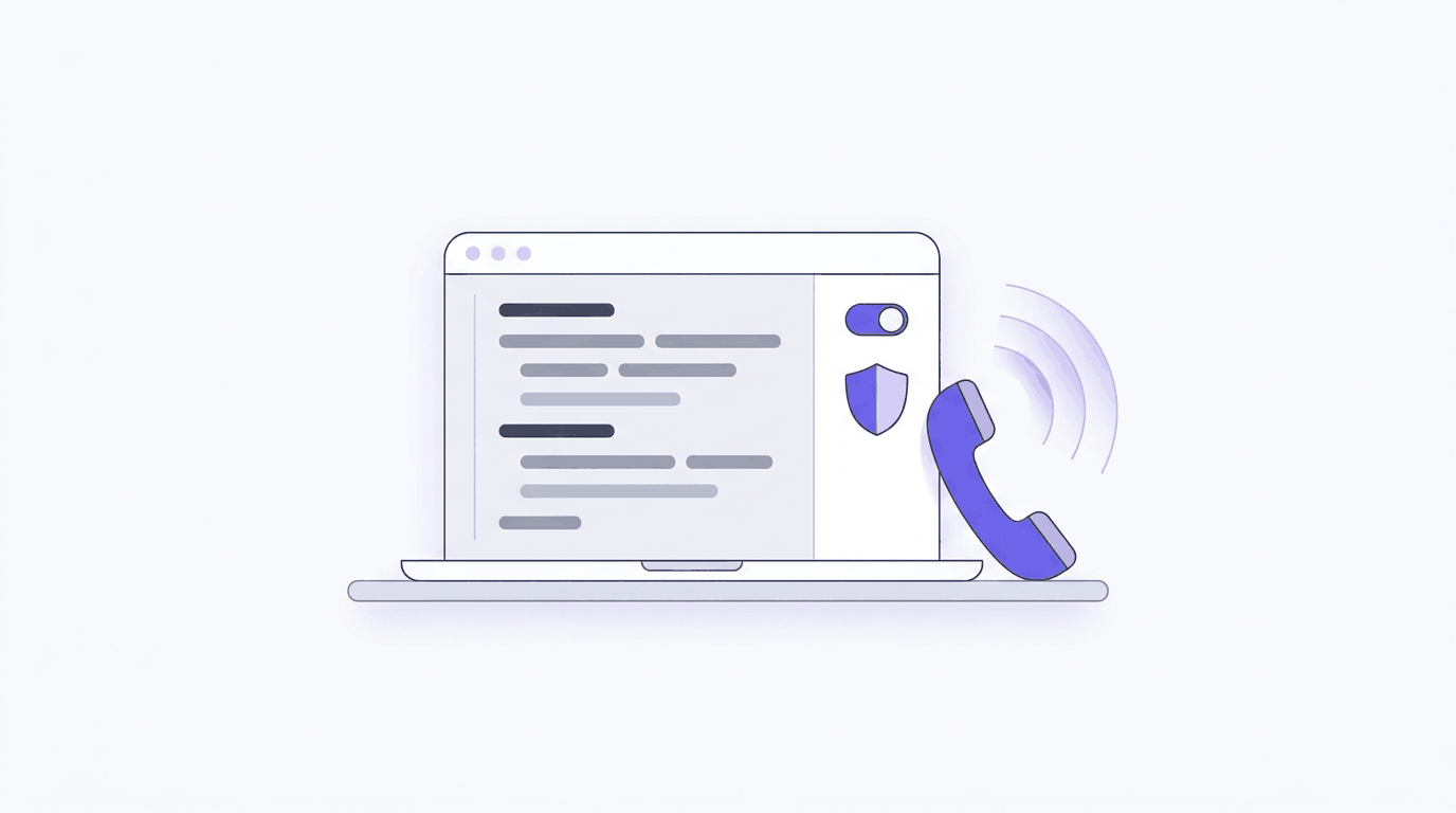 Illustration: a code editor window with a purple shield and toggle switch for network approval, beside a phone handset.