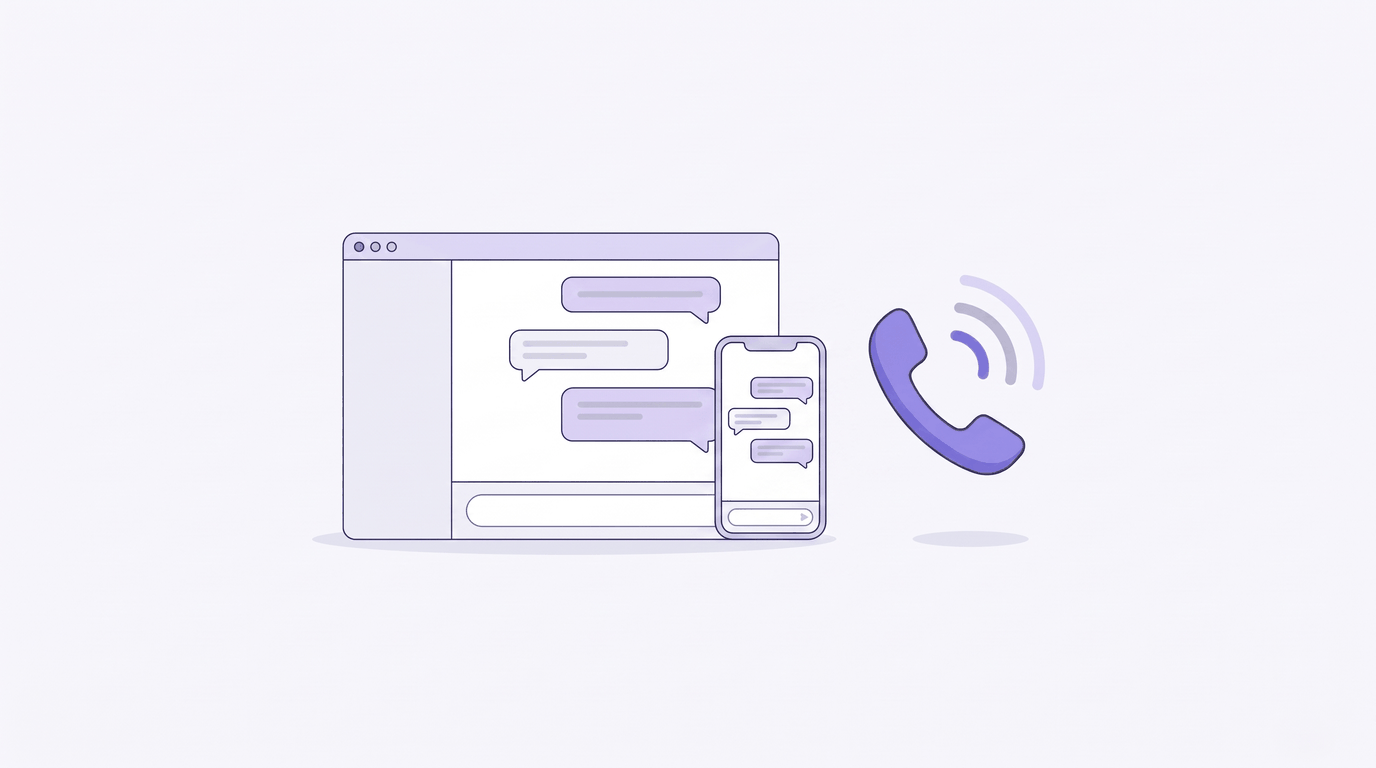 Illustration: a browser chat window and a phone showing the same chat, with a purple phone handset ringing beside them.