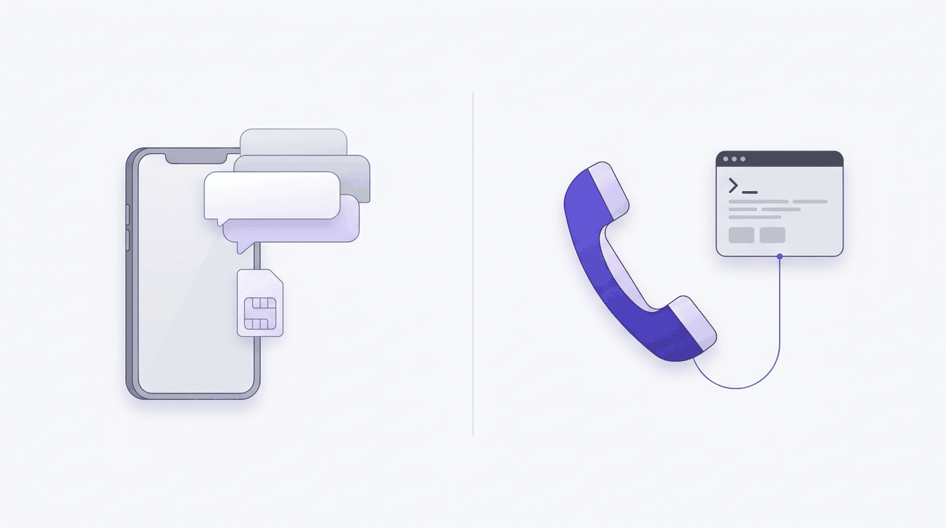 Illustration: a gray smartphone with a SIM card and message bubbles on the left, a purple phone handset wired to a terminal window on the right.