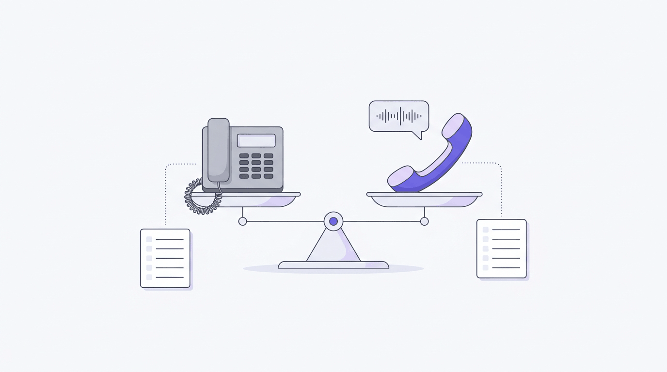 Illustration: a gray desk phone and a purple phone handset on a balance scale, each linked to a checklist card.