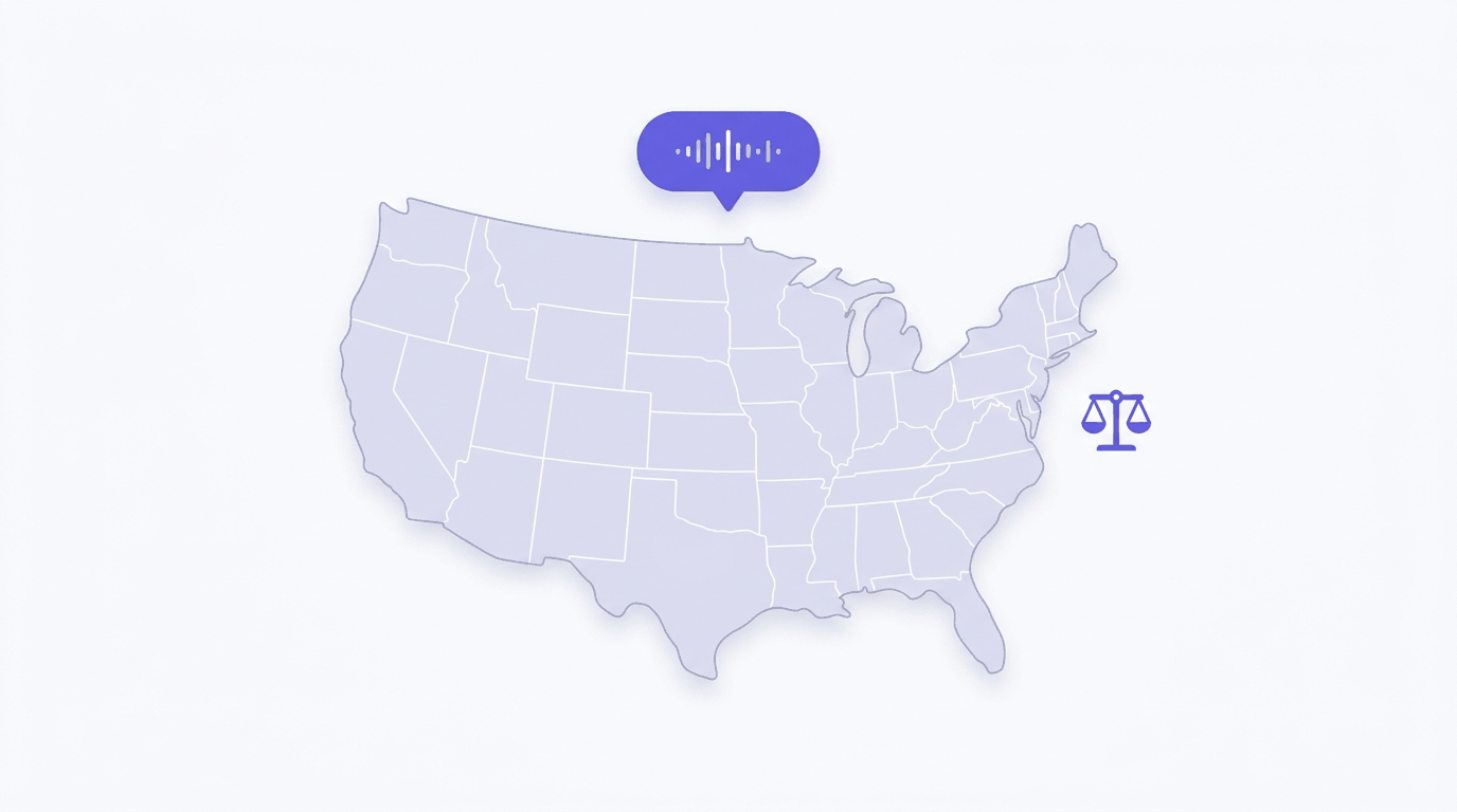 Illustration: a pale lavender map of the contiguous United States with a purple speech bubble holding a sound wave above it and a small balance-scale icon beside it.