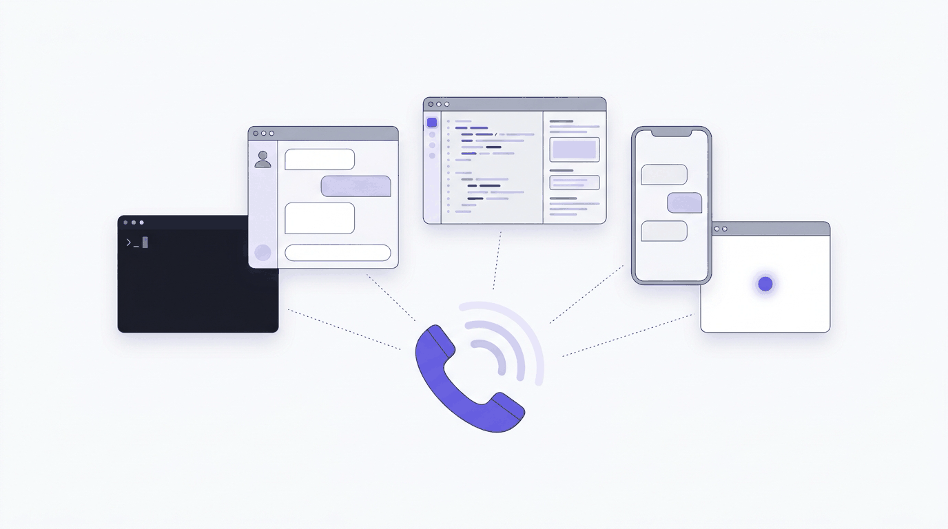 Illustration: five app windows (a terminal, a chat, a code editor, a phone chat and a window with a single dot) linked by dotted lines to a purple phone handset.