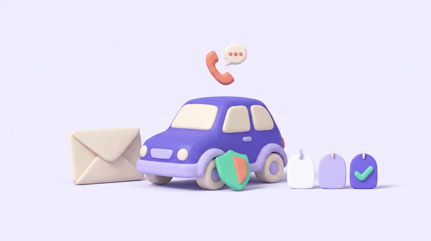 Illustration: a purple clay car with a mint shield, an envelope on its left, and three blank price tags on its right, one checked, under a coral phone handset.