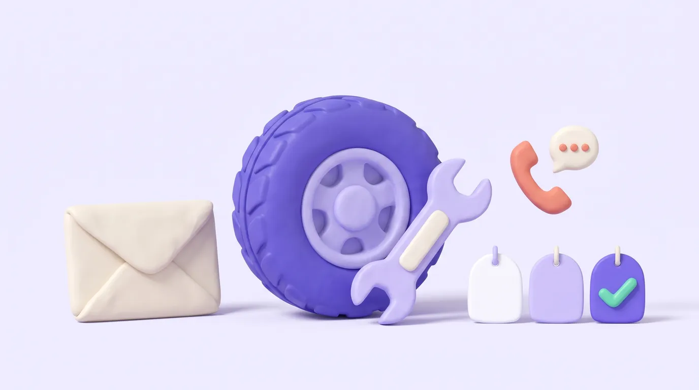 Illustration: a purple clay tire with a lavender wrench, an envelope on its left, and three blank price tags on its right, one checked, under a coral phone handset.