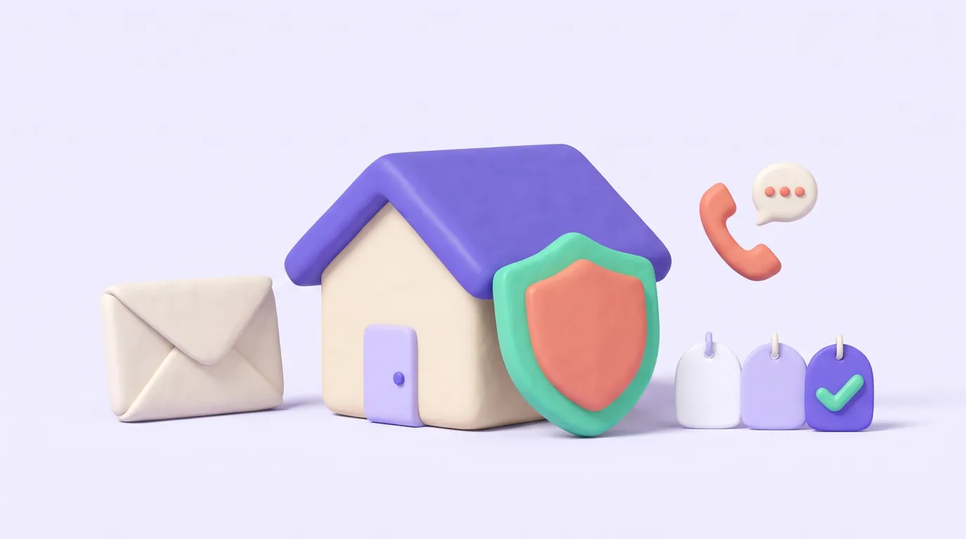 Illustration: a cream clay house with a purple roof and a large mint-and-coral shield, an envelope on its left, and three blank price tags on its right, one checked, under a coral phone handset.
