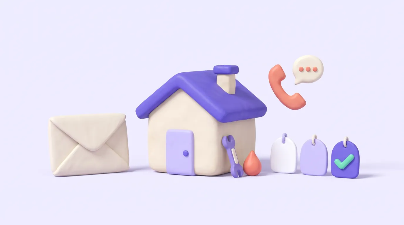 Illustration: a cream clay house with a purple roof, a small pipe wrench and a coral water drop, an envelope on its left, and three blank price tags on its right, one checked, under a coral phone handset.