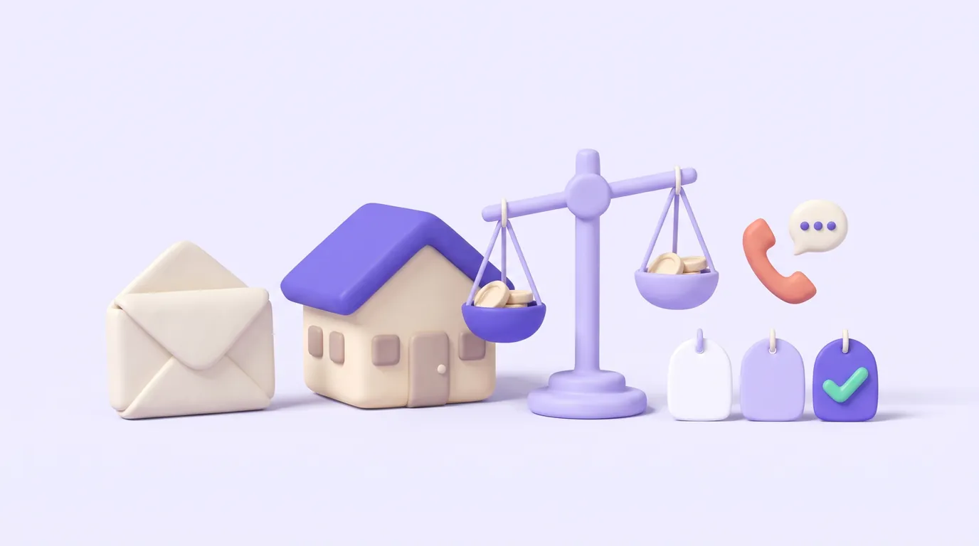 Illustration: a cream clay house beside a lavender balance scale holding coins, an envelope on its left, and three blank price tags on its right, one checked, under a coral phone handset.