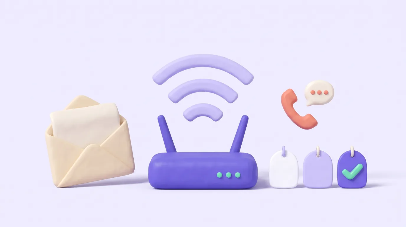 Illustration: a purple clay Wi-Fi router with lavender signal arcs, an open envelope on its left, and three blank price tags on its right, one checked, under a coral phone handset.