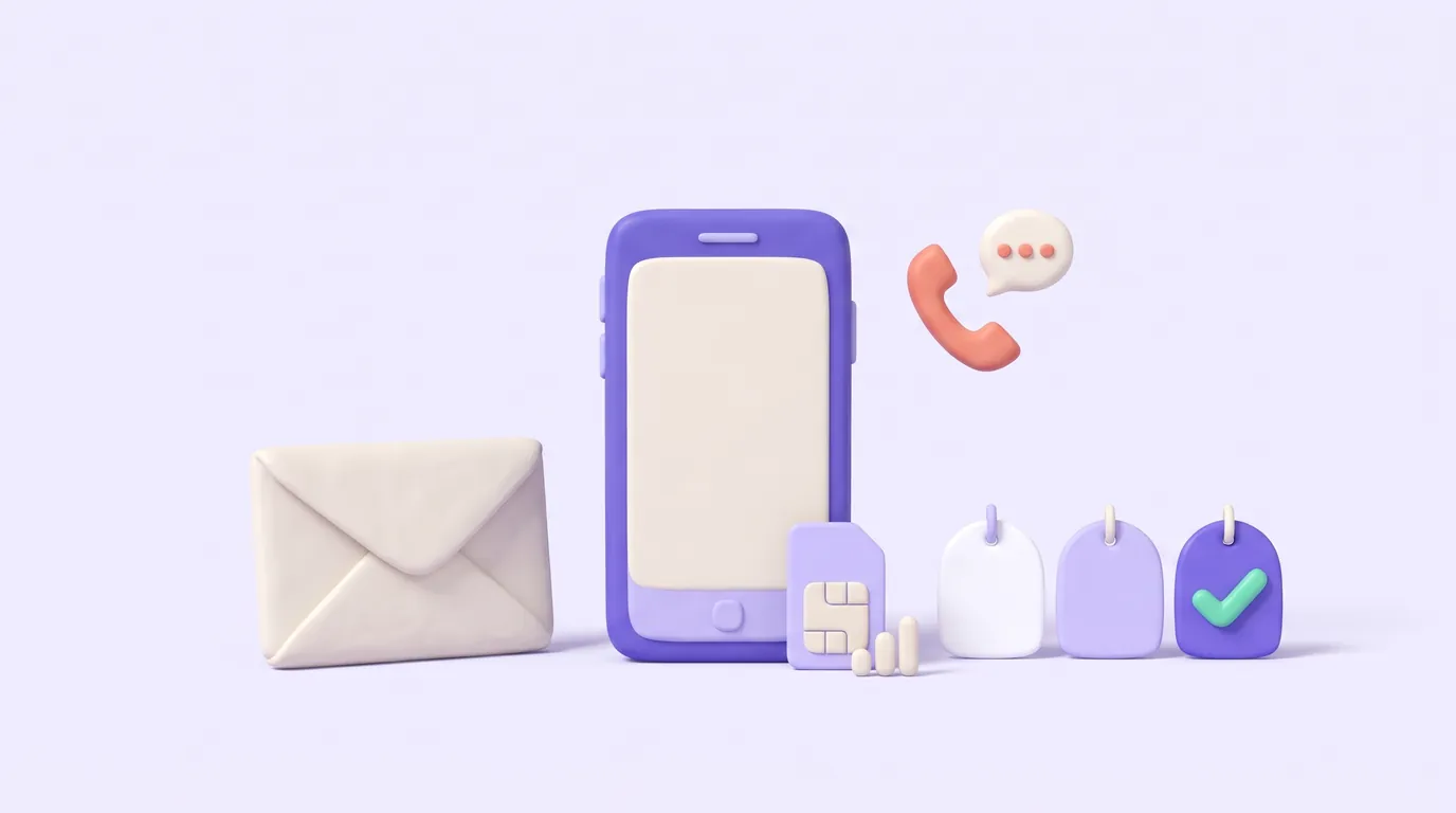 Illustration: a purple clay smartphone with a SIM card and signal bars, an envelope on its left, and three blank price tags on its right, one checked, under a coral phone handset.